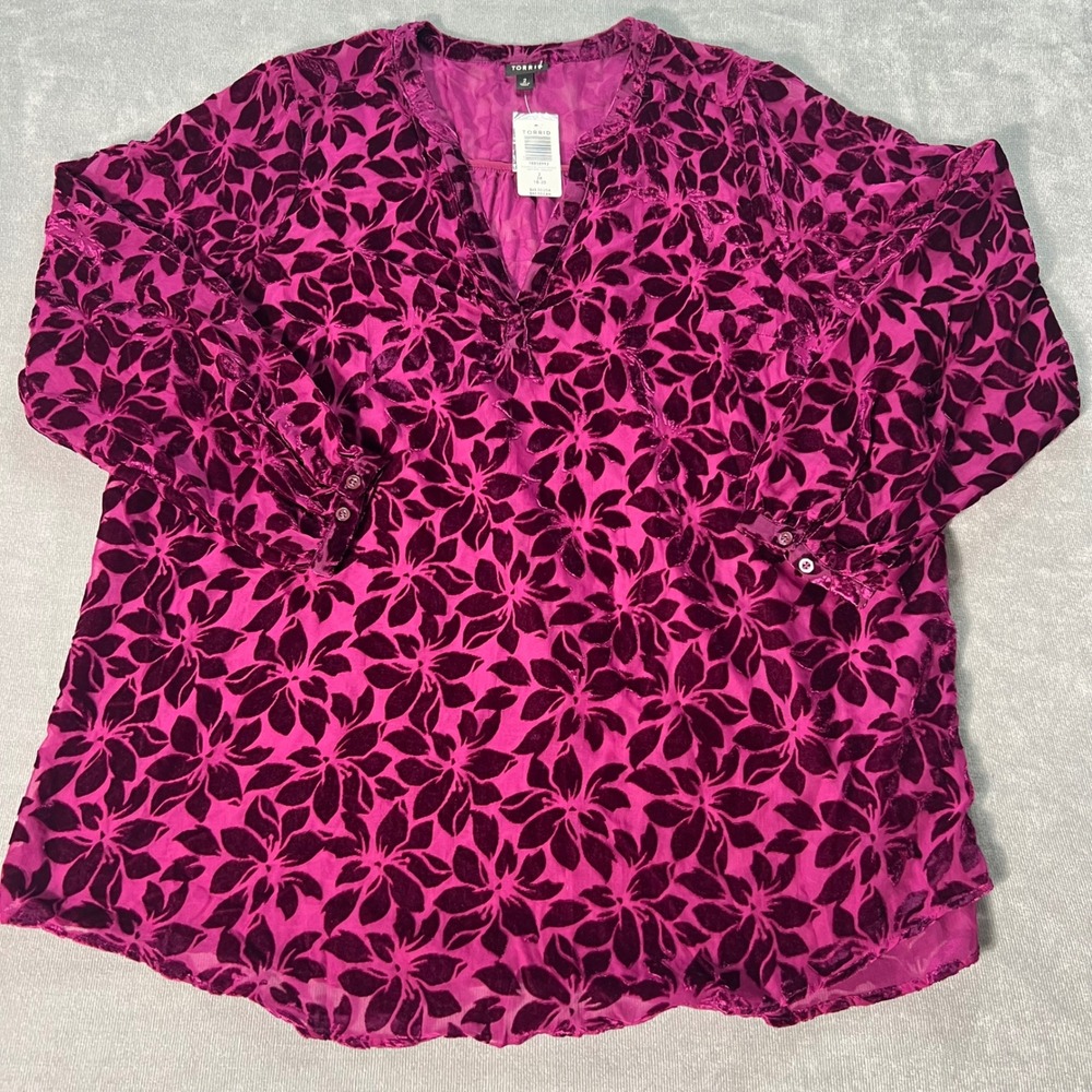 Torrid Burgundy Floral Velvet Burnout Blouse Split V-Neck Hi-Lo Top 2X 18-20 NEW